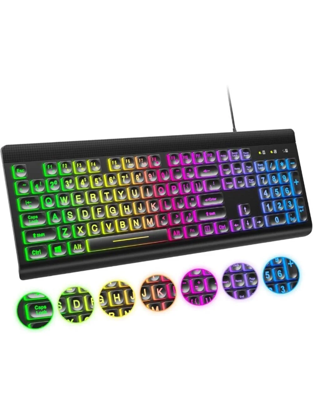 Large Print Backlit USB Keyboard - Full Size Rainbow LED for PC, Laptop & Gaming